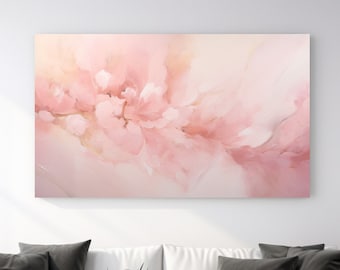 May include: Abstract painting with pink and white hues, resembling clouds or flowers. The painting is hanging on a white wall above a white couch with black throw pillows.