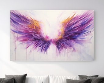 Violet, jaune, ailes d'ange, peinture abstraite, impression sur toile, décoration d'intérieur, oeuvre d'art murale, cadeau parfait, décoration de chambre, prêt à accrocher