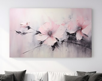 May include: A painting of pink flowers on a light pink background. The flowers are painted in a realistic style with soft brushstrokes. The painting is framed and hanging on a white wall.