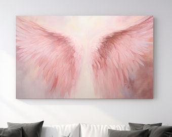 May include: A painting of a pair of large, pink angel wings against a soft, white background. The wings are painted in a realistic style, with delicate feathers and a subtle shimmer.