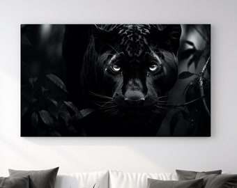 Panthère noire I, impression sur toile, décoration d'intérieur, toile d'art murale, art mural animaux, faune, nature, noir et blanc, cadeau parfait, décoration de chambre