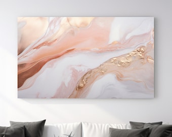 May include: Abstract art print featuring flowing layers of peach, white, and gold. The artwork is displayed above a white sofa with dark gray pillows. The room has a modern design with a black chair and a black coffee table.