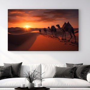 Camels in Dunes, Canvas Print, Home Decor, Canvas Wall Art, Wall Art,Animal Wall, Wildlife Art, Sunset, Perfect Gift, Room Decor