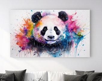 Panda aquarelle drôle, dessin abstrait, impression sur toile, décoration d'intérieur, oeuvre d'art murale sur toile, cadeau parfait, décoration de chambre nature, prêt à accrocher,