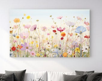 Fiori primaverili selvatici, colori pastello, stampa su tela, decorazioni per la casa, design di arte da parete, regalo perfetto, arte da parete naturale, decorazione della camera, pronto da appendere