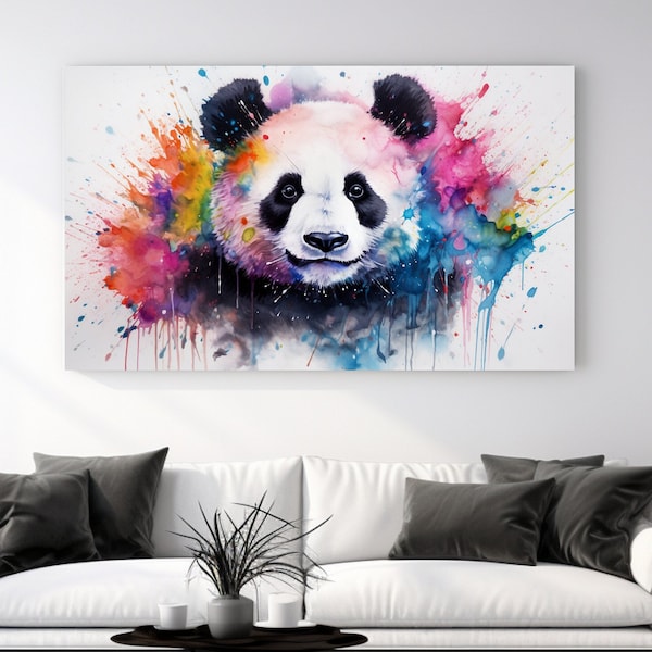 Panda de acuarela divertido, diseño abstracto, impresión de lienzo, decoración del hogar, arte de la pared del lienzo, regalo perfecto, decoración de la habitación de la naturaleza, listo para colgar,