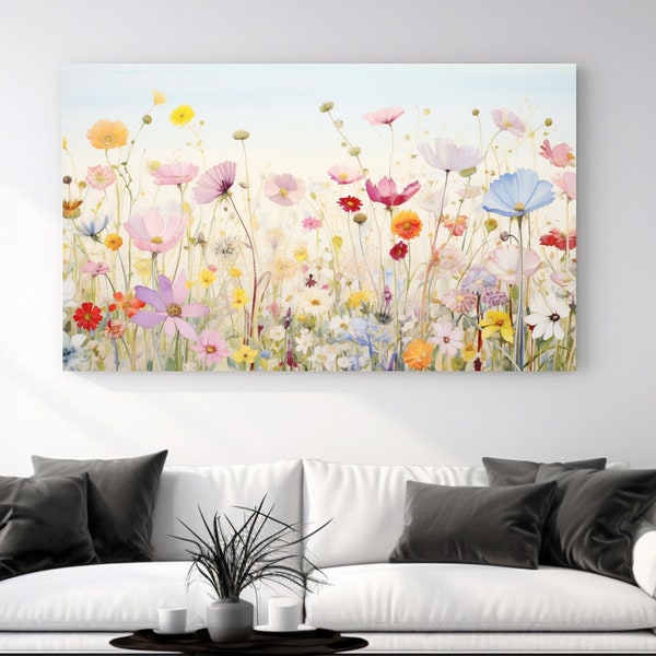 Wilde lentebloemen, pastelkleuren, canvasprint, woondecoratie, muurkunstontwerp, perfect cadeau, natuurmuurkunst, kamerdecoratie, klaar om op te hangen