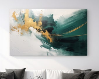May include: Abstract painting with green and gold brushstrokes on a white canvas. The painting is hanging on a white wall above a white couch with black pillows.
