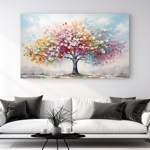 Dipinto colorato Albero I, Stampa naturalistica, Decorazione per la casa, Arte da parete su tela, Immagine su tela, Arte su tela, Decorazione della camera, Design, Pronto da appendere, Regalo