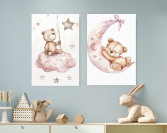 Nursery SET of Two, Bear Canvas Print , Kids Design, Nursery Decor, Canvas Wall Art, Canvas Picture, Unisex, Animal Print, Children, Gift