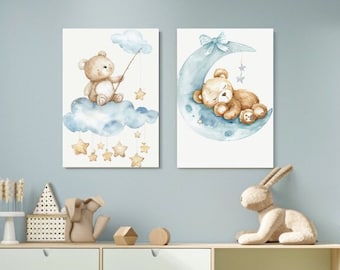 Nursery SET of Two, Bear Canvas Print , Kids Design, Nursery Decor, Canvas Wall Art, Canvas Picture, Unisex, Animal Print, Children, Gift