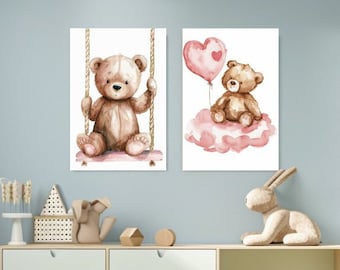Nursery SET of Two, Bear Canvas Print , Kids Design, Nursery Decor, Canvas Wall Art, Canvas Picture, Girls, Animal Print, Children, Gift