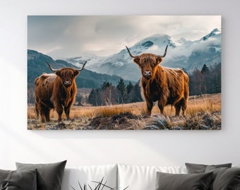 Highland Cattle I, design naturel luxueux, impression sur toile animal, image sur toile, décoration d'intérieur, oeuvre d'art murale en toile, cadeau, décoration de chambre, prêt à accrocher