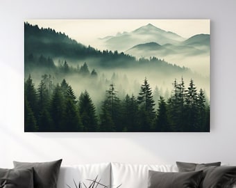 Paysage brumeux I, forêt, conception de la nature, impression sur toile, décoration d'intérieur, oeuvre d'art murale, cadeau, décoration de chambre, prêt à accrocher, Noël