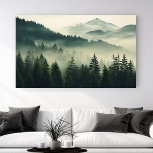 Wald, Baum, Berg, Nebel, Landschaft, Natur Design, Leinwand Druck, Wohnkultur, Leinwand Wand Kunst, Geschenk, Raumdekor, fertig zum Aufhängen, Weihnachten