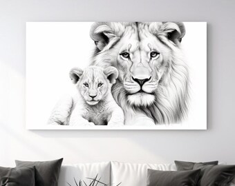 Lion Drawing, Canvas Print, Home Decor, Canvas Wall Art, Wall Art, Animal Wall, Wildlife Art, Black and White, Perfect Gift, Room Decor