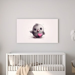 Pájaro de corazón rosa, lienzo para pared, diseño de lienzo, decoración de habitación infantil con animales, decoración de guardería para niñas, estampados de animales, regalo perfecto
