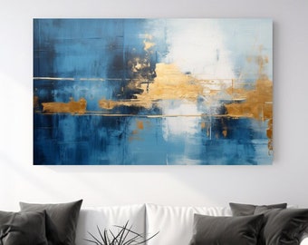 May include: Abstract art canvas with a blue and gold color palette. The artwork features a textured, layered design with shades of blue, white, and gold. The painting is displayed above a white sofa with black pillows, enhancing the room's modern aesthetic.