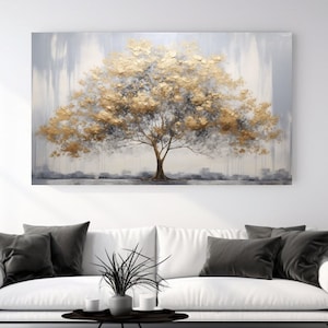 Árvore de pintura dourada, impressão em tela abstrata, decoração para casa, arte de parede em tela, imagem em tela, presente, decoração de quarto, design em tela, pronto para pendurar