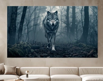 May include: A gray wolf walks through a misty forest. The wolf is looking directly at the camera. The forest is dark and mysterious.