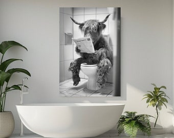 Highland Cow Sitting on the Toilet, Canvas Print, Canvas Picture, Home Decor, Funny Canvas Wall Art, Room Decor, Modern Design, Gift