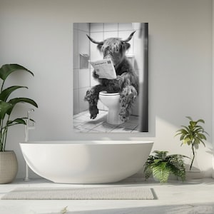 Hooglandkoe zittend op het toilet, canvasafdruk, canvas foto, woondecoratie, grappige canvas muurkunst, kamerdecor, modern design, cadeau