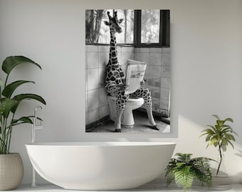 Girrafe Sitting on the Toilet, Canvas Print, Canvas Picture, Home Decor, Funny Canvas Wall Art, Room Decor, Modern Design, Gift
