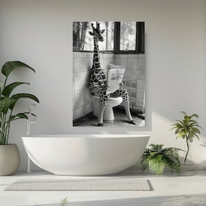 Girrafe sentada no vaso sanitário, impressão em tela, imagem em tela, decoração para casa, arte engraçada em tela para parede, decoração de quarto, design moderno, presente