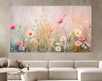 Vilda vårblommor, rosa, pastellfärger, lyxigt canvastavla, heminredning, canvastavla, present, naturdesign, rumsinredning, redo att hängas
