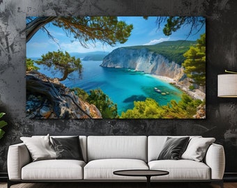 Griekenland landschap, Azur zee, groene natuur ontwerp, canvas print, canvas foto, decor van het huis, canvas muur kunst, cadeau, kamer decor, wandkleden