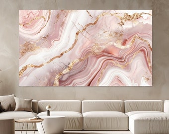 May include: Abstract wall art print featuring a pink and white marble design with gold accents. The print has a modern and elegant style.