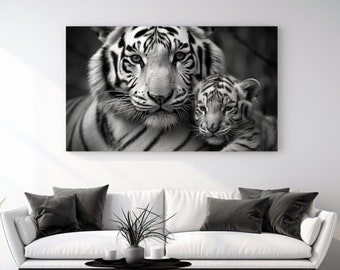 Tigres sauvages, impression sur toile, décoration d'intérieur, art mural sur toile, art mural, mur animal, art animalier, noir et blanc, cadeau parfait, décor de chambre