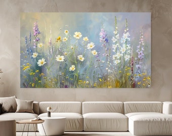 Fleurs sauvages printanières, Couleurs pastel, Impression sur toile de luxe, Décoration d'intérieur, Toile d'art murale, Cadeau, Design nature, Décoration de chambre, Prêt à accrocher