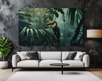 Toucan dans la jungle, nature verdoyante, design luxueux, impression sur toile, image sur toile, décoration d'intérieur, art mural sur toile, cadeau, décoration de chambre, prêt à accrocher