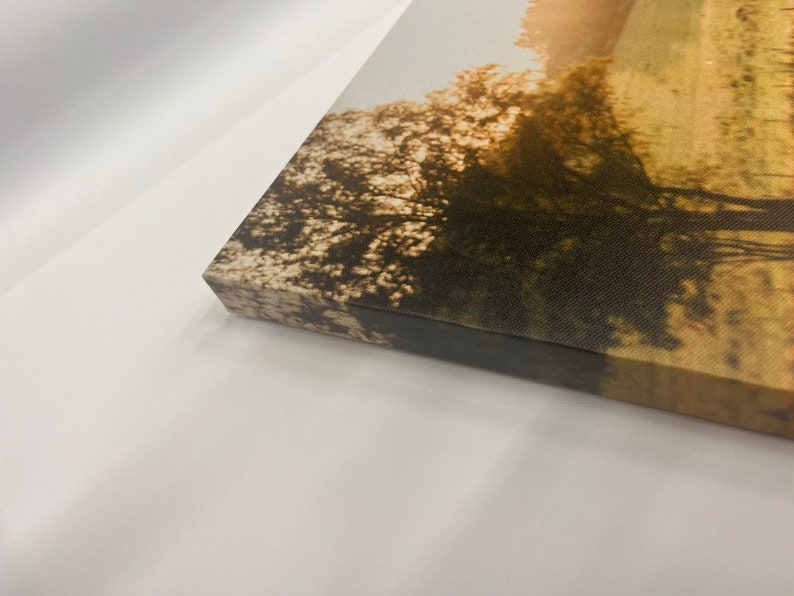 May include: A canvas print featuring a landscape scene with trees and water, bathed in warm sunlight. The artwork is stretched over a wooden frame, showcasing the edge of the print. The color palette includes shades of brown, green, and gold.