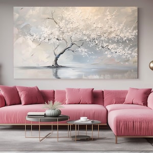 Pintura de árvore em tons de branco, abstração I, design de luxo, impressão em tela, decoração para casa, arte de parede em tela, presente, decoração de quarto, pronto para pendurar
