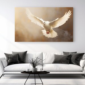 May include: A white dove with outstretched wings flies against a golden background with clouds. The dove is in focus, and the background is blurred.