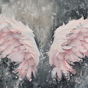 May include: Abstract painting of angel wings in shades of pink and white against a textured gray and black background. The wings are rendered with thick brushstrokes, creating a sense of depth and movement. White paint splatters add a dynamic effect.