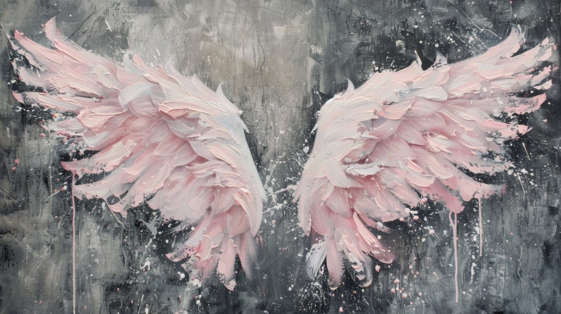May include: Abstract painting of angel wings in shades of pink and white against a textured gray and black background. The wings are rendered with thick brushstrokes, creating a sense of depth and movement. White paint splatters add a dynamic effect.