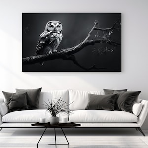 Owl in Night, Canvas Print, Home Decor, Canvas Wall Art, Picture, Animal Wall, Wildlife Art, Black and White, Perfect Gift, Room Decor