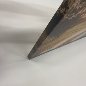 May include: A close-up view of the edge of a rectangular canvas print. The print features a landscape image with brown and tan tones. The edge of the canvas is dark brown.