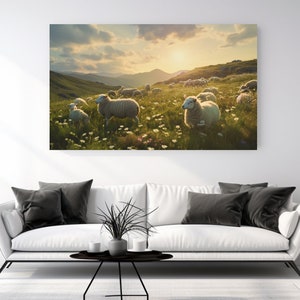 May include: A flock of sheep graze in a lush green meadow under a cloudy sky with a bright sun shining through the clouds. The sheep are white and fluffy, and the meadow is dotted with wildflowers.