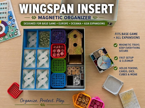 Wingspan Organizer Insert | Magnetic Storage System for Base Game, Europe, Oceania & Asia Expansions