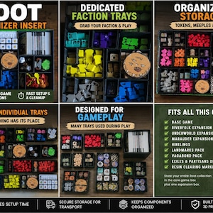 May include: A black board game organiser insert for Root, featuring multiple individual trays for tokens, meeples, and cards. The set includes dedicated faction trays, organised storage compartments, and text labels detailing compatibility with the base game and various expansions.