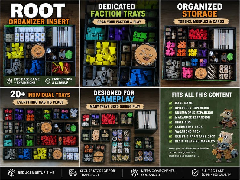 May include: A black board game organiser insert for Root, featuring multiple individual trays for tokens, meeples, and cards. The set includes dedicated faction trays, organised storage compartments, and text labels detailing compatibility with the base game and various expansions.