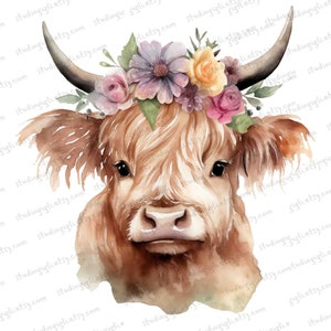 Spring Highland Cow Floral Crown Clipart PNG Easter Clip Art Digital Download Commercial Use Junk Journals Wildflower Cow Png Watercolor
