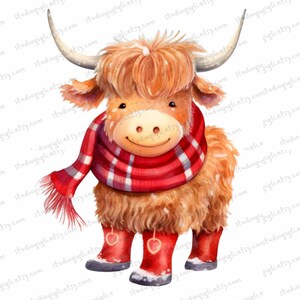 Bébé vache des Highlands au pays des merveilles hivernales, Pages de la forêt enneigée, journal indésirable, scrapbooking, fabrication de cartes, usage commercial, POD, téléchargement numérique