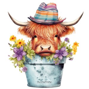 Highland Cow With Flowers [PNG] Digital Download Cute Highland Calf Farm Sublimation PNG Cute Animals, PNG Transparent Sublimation Designs