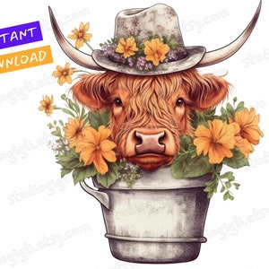 Floral Highland Cow PNG Sublimation Design Digital Download Highland Cow Decor &#39; Downloadable Print Downloading Files Scottish Cow Print JPG