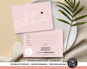 DIY Corjl Gift Voucher Template, DIY Editable Business Gift Certificate, Dusty Pink Card, Double Sided Card Template, DIY Gift Card, Heart